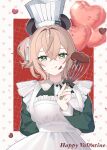  1girl animal_ears balloon brown_hair chocolate chocolate_on_face cowboy_shot dress english_text food food_on_face green_dress green_eyes happy_valentine heart_balloon highres indie_virtual_youtuber nimi_nightmare nimi_nightmare_(1st_costume) one_side_up red_background solo tapir_ears tapir_girl tsukasa12598 virtual_youtuber 