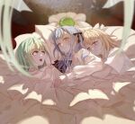  4girls absurdres ascot bang_dream! bang_dream!_it's_mygo!!!!! black_ribbon blonde_hair commentary_request gem green_gem green_hair hair_ribbon highres hug hug_from_behind jwww1375902131 long_hair long_sleeves mini_person misumi_uika mortis_(bang_dream!) mortis_(costume)_(bang_dream!) mortis_(persona)_(bang_dream!) multiple_girls purple_eyes ribbon short_sleeves sidelocks togawa_sakiko under_covers wakaba_mutsumi wavy_mouth white_ascot yuri 