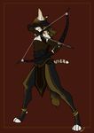  anklette archery arrow blind blindfold border bow bow_(weapon) clothing ear_fluff feline female gloves hair headwrap legwear loincloth mammal narcotic_sprinkles pants plain_background pointy_ears ranged_weapon red_background serval toeless_(marking) toeless_socks weapon 
