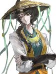  1girl black_hair blue_robe brown_hat chinese_commentary chinstrap closed_mouth coat commentary_request crossed_arms green_headband hat headband highres jewelry liang_yue_(reverse:1999) long_braid looking_to_the_side necklace official_alternate_costume reverse:1999 rice_hat robe solo upper_body white_background white_coat yellow_eyes z._(emotional93615) 