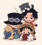  3boys aged_down animal animal_on_head bandaid bandaid_on_face bandaid_on_forehead black_hair black_hat black_shorts blonde_hair blue_jacket blush cat chibi chibi_only closed_eyes commentary full_body hand_on_own_hip hat highres jacket male_focus monkey_d._luffy multiple_boys on_head one_piece open_mouth parted_lips portgas_d._ace red_tank_top rii_a sabo_(one_piece) scar scar_on_cheek scar_on_face short_hair shorts straw_hat symbol-only_commentary tank_top 