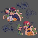 1:1 2025 2_horns 4_fingers 5_fingers alternate_species anthro armband belt belt_buckle bent_arm black_clothing black_eyes black_headwear black_shirt black_topwear black_visor_cap blue_armband blue_belt blue_bracelet blue_clothing blue_eyes blue_facial_hair blue_line_art blue_mustache blue_overalls blush blush_lines blushing_profusely bodily_fluids bottomwear bowser bracelet buckle carrying_another carrying_partner cheek_tuft clothed clothed_anthro clothed_human clothed_male clothing collar colored_line_art curved_horn didy414 digital_drawing_(artwork) digital_media_(artwork) directional_arrow dot_eyes duo english_description english_text eyebrows eyes_closed facial_hair facial_tuft fangs felid feline fingers fist footwear frown fully_clothed fully_clothed_human fully_clothed_male gesture gloves green_clothing green_shell green_shirt green_topwear grey_background grey_clothing grey_gloves grey_handwear hair hand_gesture handwear hasn't_kissed_anyone_ever_vs_expecting_a_kiss_with_tongue_(meme) hat headgear headwear hi_res holding_frying_pan horn human jewelry king koopa larger_anthro larger_male lips luigi male male/male male_anthro male_human mammal mario_bros mario_golf mario_golf:_super_rush markings meme meowser mustache nervous nervous_smile nervous_sweat nintendo nose_blush open_frown open_mouth open_smile overalls pants pointing pointing_at_another puckered_lips question_mark red_eyebrows red_hair royalty scales scalie shell shirt shoes short_hair simple_background simple_eyes size_difference sketch_page smaller_human smaller_male smile spiked_armband spiked_collar spiked_shell spikes spikes_(anatomy) super_mario_3d_world sweat talking_to_another talking_to_partner tan_body tan_horn tan_lips tan_skin tan_spikes teeth text thick_eyebrows topwear tuft visor_cap whisker_markings white_bottomwear white_clothing white_footwear white_pants white_shoes worried_look yellow_body yellow_scales zipper