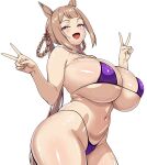  1girl :d a-sui absurdres animal_ears bikini blunt_bangs blush braid breasts brown_eyes brown_hair commentary_request curvy double_v hair_rings highres horse_ears horse_girl huge_breasts long_hair looking_at_viewer navel open_mouth purple_bikini sidelocks simple_background skirt smile solo standing sweep_tosho_(umamusume) swimsuit thick_thighs thighs umamusume v very_long_hair white_background 
