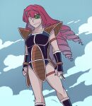  1girl absurdres armor baobhan_sith_(fate) black_leotard black_nails commentary dragon_ball dragon_ball_z drill_hair english_commentary fate/grand_order fate_(series) feet_out_of_frame grey_eyes highres leotard long_hair purple_hair raditz saiyan_armor scouter shoulder_armor solo thigh_strap v-shaped_eyebrows very_long_hair vincent-san 