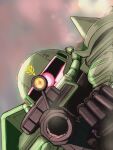  aiming aiming_at_viewer commentary drum_magazine gun gundam highres holding holding_gun holding_weapon looking_at_viewer magazine_(weapon) mecha mecha_focus mobile_suit mobile_suit_gundam moroboshi_danshaku no_humans pink_eyes robot scope weapon zaku_ii 