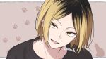  1boy black_hair black_shirt blonde_hair brown_eyes cat chun_lz crew_neck haikyuu!! kozume_kenma looking_at_viewer male_focus multicolored_hair open_mouth parted_bangs paw_print roots_(hair) shirt short_hair slit_pupils smile solo twitter_username 