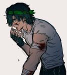  1boy aqua_eyes arm_up bandaged_arm bandages belt belt_buckle biker_(hotline_miami) black_belt black_gloves black_pants blood buckle commentary cowboy_shot crew_neck english_commentary fingerless_gloves from_side gloves green_hair green_headband grey_shirt headband highres hotline_miami injury male_focus medium_hair open_mouth pants parted_bangs shirt short_sleeves simple_background solo staple tatsu_(tatsumccree) twitter_username white_background 