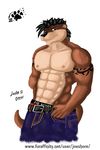  anthro armband belt biceps big_muscles black_hair black_nose boxers brown_fur clothed clothing fur hair half-dressed hand_on_hip jeans joe_boxer joeshore josho_d_otter looking_at_viewer male mammal muscles mustelid nipples orange_eyes otter pants pawprint pecs plain_background pose solo spiky_hair standing tan_fur tattoo toned topless underwear white_background 