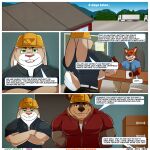 2023 aaron_(artist) anthro armor bear border brown_body brown_fur canid canine clothing collared_shirt comic container crossed_arms cup dialogue digital_media_(artwork) dillon_(aaron) english_text fox fur green_eyes grey_clothing grey_shirt grey_topwear hands_behind_back hard_hat headgear helmet hi_res lagomorph leporid male mammal mathew_porter mug muscular muscular_anthro muscular_male office orange_eyes purple_eyes rabbit red_clothing red_shirt red_topwear shirt speech_bubble tan_body tan_fur text topwear truck url ursine vehicle white_body white_border white_fur worker_helmet