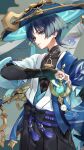  1boy absurdres anemo_symbol_(genshin_impact) animal_print aqua_gem arm_at_side armor belt bird_print black_belt black_bodysuit black_bow black_bridal_gauntlets black_hair black_shorts blue_cape blue_hair blue_hat blue_kimono blue_sleeves blunt_ends bodysuit bow bridal_gauntlets bright_pupils cape colored_inner_hair commentary_request covered_collarbone eyelashes eyeliner gem genshin_impact glowing_gem gold gold_ring hakama hakama_shorts hat highres japanese_armor japanese_clothes jingasa juban kimono kote kurokote layered_sleeves looking_at_viewer makeup male_focus mandarin_collar middle_ring multicolored_hair open_clothes open_kimono open_mouth pleated_shorts pom_pom_(clothes) purple_eyes purple_rope purple_sash red_eyeliner rope sakanatakana sash scaramouche_(genshin_impact) short_sleeves shorts shoulder_peek solo tassel tsurime upper_body vision_(genshin_impact) wanderer_(genshin_impact) white_kimono white_mouth white_pupils white_sleeves white_trim 