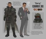  1boy absurdres armor arms_at_sides assault_visor bandolier belt black_boots black_coat black_gloves black_pants black_shoes boots brown_belt brown_eyes brown_hair buckle bulletproof_vest canteen cargo_pants cigarette closed_eyes closed_mouth coat collared_shirt color_guide combat_boots combat_helmet commentary courier_(fallout:_new_vegas) diagonal-striped_clothes diagonal-striped_necktie dirty dirty_clothes dress_pants dress_shirt dress_shoes duster_coat english_commentary english_text facial_hair fallout fallout:_new_vegas full_body gas_mask gloves goatee grey_jacket grey_pants grey_suit grey_vest hand_in_pocket helmet high_collar highres jacket knee_pads lace-up_boots light_smile long_sleeves looking_at_viewer male_focus mask mouth_hold multiple_views mustache ncr_veteran_ranger necktie open_clothes open_coat open_jacket pants pinstripe_pattern pinstripe_vest pip_boy radio_antenna red_necktie red_visor reference_sheet scar scar_on_cheek scar_on_face scar_on_forehead shirt shoes short_hair shoulder_armor smoke smoke_trail smoking snap-fit_buckle st34k standing striped_clothes suit suit_jacket tie_clip twitter_username very_short_hair vest white_shirt 