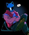  1boy anger_vein animal_ear_helmet animal_helmet belt belt_buckle ben-day_dots biker_(hotline_miami) black_belt blue_pants boots brown_boots buckle cat_boy cat_helmet cat_tail commentary crew_neck crossed_arms crossed_legs denim english_commentary fingerless_gloves gloves helmet highres hood hood_down hooded_jacket hotline_miami jacket jeans male_focus motion_blur motorcycle_helmet open_clothes open_jacket pants red_jacket screentones shirt shirt_tucked_in short_sleeves sitting sleeveless sleeveless_jacket solo speech_bubble spoken_anger_vein tail tail_wagging tatsu_(tatsumccree) torn_clothes torn_pants white_shirt 