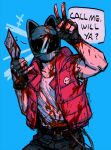  1boy animal_ear_helmet animal_helmet arms_up belt belt_buckle biker_(hotline_miami) black_belt black_gloves blood blood_on_body blood_on_clothes blood_on_helmet blood_on_weapon blue_background blue_pants buckle collarbone commentary cowboy_shot crew_neck denim english_commentary english_text fingerless_gloves gloves helmet highres holding holding_weapon hotline_miami jacket jeans male_focus motorcycle_helmet pants red_jacket shirt short_sleeves simple_background sleeveless sleeveless_jacket solo speech_bubble tatsu_(tatsumccree) torn_clothes torn_sleeves v violence weapon white_shirt 
