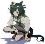  1girl animal_ears blush breasts brown_shorts commentary_request ears_through_headwear gloves green_eyes green_hair hat highres horse_ears horse_girl horse_tail jacket kiseki_(miracle_author)_(umamusume) kiseki_(umamusume) multicolored_hair no_uwazumi open_mouth short_hair shorts simple_background smile solo squatting streaked_hair tail umamusume white_background white_gloves white_jacket white_streaks yellow_hat 