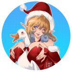  1girl absurdres animal between_breasts bird blonde_hair blue_background blue_eyes blush border breasts clip_studio_paint_(medium) closed_mouth commentary dress elf english_commentary fur-trimmed_dress fur-trimmed_headwear fur_trim goose grabbing_own_breast gradient_hair hair_between_eyes hat highres large_breasts lena_dai lips long_sleeves looking_at_viewer medium_hair multicolored_hair one_eye_closed original pointy_ears red_dress red_hat santa_costume santa_dress santa_hat simulated_paizuri smile solo upper_body white_border 