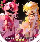  1boy 1girl angel_wings biblically_accurate_angel blonde_hair colored_skin cookie_run cookie_run:_kingdom cupid curly_eyebrows gold_shawl gold_wheat halo highres humanization inverted_eyelashes layered_clothes leotard long_hair looking_at_viewer meme pavlova_cookie pink_skin red_eyes reticentcoyll sugarfly_cookie very_long_hair white_eyeshadow why_dis_ninja_look_so_mad_(meme) wings yellow_leotard 