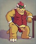  4_fingers amber_skin anthro beige_countershading beige_scales belly belly_scales biceps big_muscles bowser bowser_day bulge chubby claws clothing cuffs dredd flaccid gentleman hair horn humanoid_penis king koopa looking_at_viewer male mario_bros muscles nintendo penis plaid poking_out reptile royalty scalie shell solo spiked_shell spikes standing teeth turtle uncut vest video_games 