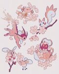  alternate_color black_eyes branch bright_pupils cherry_blossoms closed_eyes commentary_request cutiefly flower highres no_humans oharu-chan open_mouth pachirisu petals pink_eyes pokemon pokemon_(creature) polteageist shiny_pokemon simple_background smile vaporeon white_pupils wooper 