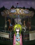  1girl ahoge bags_under_eyes bone_hair_ornament bow carousel cartoon_bone colored_sclera giraffe green_hair hair_ornament highres huge_ahoge lion niwanosekai non-web_source original outdoors pink_bow print_shirt purple_eyes purple_sky shirt sky solo tareme yellow_sclera zebra 
