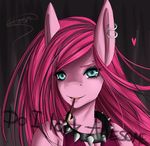  &lt;3 anthro anthrofied black_hair blue_eyes chiakitasso chocolate clothing collar english_text equine female friendship_is_magic hair horse long_hair mammal my_little_pony piercing pink_hair pinkamena_(mlp) pinkie_pie_(mlp) pocky pony shirt solo spiked_collar straight_hair text two_tone_hair 