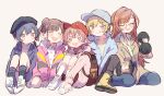  5girls backpack bag baseball_cap beret black_hat black_socks blonde_hair blue_hair blue_hat blue_jacket blue_pants boots brown_bag brown_coat brown_hair character_request coat collared_jacket commentary_request contrast_collar copyright_request double_bun dumbbell hair_bun hat holding holding_dumbbell jacket lace-up_boots long_hair low_twintails multiple_girls open_clothes open_coat open_jacket pants pink_eyes pink_jacket red_hat shirt shoes short_hair short_twintails simple_background sitting sneakers socks striped_clothes striped_jacket taneda_yuuta twintails very_long_hair white_background white_shirt white_shoes yellow_boots 