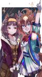  2girls absurdres ahoge animal_ears arm_up black_hair black_shorts blue_eyes blush braid breasts brown_eyes brown_hair brown_hairband brown_shirt closed_mouth collarbone commentary dress ear_covers epiphaneia_(umamusume) gloves hair_between_eyes hair_ornament hairband hairclip highres horse_ears horse_girl horse_tail index_finger_raised jacket lixue_tunapish logotype_(umamusume) long_hair long_sleeves multicolored_hair multiple_girls open_clothes open_jacket open_mouth ponytail purple_jacket shirt shorts smile sparkle streaked_hair tail umamusume white_gloves 