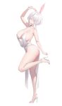  1girl absurdres animal_ears arm_up bare_shoulders black_choker blue_eyes bowl_cut breasts choker cleavage dress hair_over_one_eye hand_on_own_ear high_heels highres huge_breasts keibeam looking_at_viewer no_bra no_panties original plunging_neckline rabbit_ears shoes short_hair sideboob simple_background solo standing standing_on_one_leg thighs white_background white_dress white_hair white_shoes 