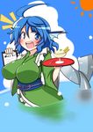  :d ahoge blue_eyes blue_hair blush breasts clipboard food head_fins ice_cream japanese_clothes kimono large_breasts looking_at_viewer mermaid monster_girl ocean open_mouth rindou_(p41neko) smile solo touhou tray wakasagihime 