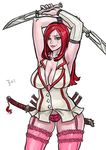  breasts cleavage dagger frills green_eyes katarina_du_couteau large_breasts league_of_legends nurse red_hair samiri scar solo sword weapon 