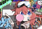  1girl alternate_costume bandaid bandaid_on_cheek bandaid_on_face black_jacket blowing_bubble_gum blue_archive blue_eyes chewing_gum commentary_request goggles goggles_on_head graffiti hair_between_eyes hair_bun headphones headphones_around_neck highres holding holding_spray_can jacket long_sleeves looking_at_viewer maki_(blue_archive) pusen_(puuu_sen555) red_hair solo spray_can upper_body 