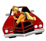  absurd_res anthro anthrofied applejack_(mlp) blonde_hair boots breasts butt car chevrolet clothed clothing cowboy_boots cowboy_hat cutie_mark equine female friendship_is_magic green_eyes hair hat headlights hi_res horse kloudmutt looking_at_viewer lying mammal muscle_car my_little_pony on_side plain_background pony pose sergeantbuck shorts smile solo white_background 