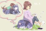  2girls amami_haruka animal animalization beamed_eighth_notes blue_dog blue_hair blush_stickers brown_dog brown_hair closed_mouth clothed_animal commentary_request dog dreaming eighth_note green_eyes idolmaster idolmaster_(classic) idolmaster_million_live! idolmaster_million_live!_theater_days kisaragi_chihaya kuzuya_ramurin long_hair looking_at_animal multiple_girls musical_note no_hair_bow purple_shirt shirt short_hair simple_background sleeping slippers smile speech_bubble striped_sweater_vest sweater_vest thought_bubble 