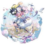  1girl aircraft arknights asymmetrical_legwear bag balloon bare_shoulders bird blue_bow blue_shoes bow castle cloud dove dress food frilled_socks frills full_body hair_bow hair_ornament highres holding holding_food holding_phone kneehighs long_hair looking_at_viewer official_alternate_costume official_art one_eye_closed open_mouth phone pink_hair rainbow shoes sky smile socks solo stuffed_animal stuffed_toy third-party_source transparent_background twintails u-official_(arknights) u-official_(stream_above_the_clouds)_(arknights) white_dress white_socks zheshe_jing 