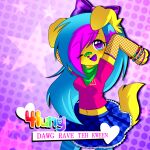 1:1 4lung anthro armwear band-aid bandage bandage_on_face bandage_on_nose blue_hair bottomwear bracelet canid clothing female fishnet_armwear fishnet_clothing fur glistening glistening_eyes hair jewelry kemono kerchief kittywuvspizza legwear long_hair looking_at_viewer mammal neckerchief neckwear one_eye_closed open_mouth open_smile pattern_background pose simple_background skirt smile solo sparklefur stockings striped_hair text text_with_heart wink winking_at_viewer yellow_body yellow_fur