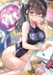  1girl bag black_hair black_one-piece_swimsuit book breasts brown_eyes commentary_request competition_swimsuit eraser glasses highleg highleg_one-piece_swimsuit highres large_breasts long_hair multicolored_swimsuit notebook ogata_tei one-piece_swimsuit original pen pencil_case ponytail school_bag solo swimsuit table watermark yes-no_pillow 
