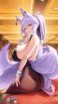  1girl animal_ears ass bare_arms bare_shoulders black_bow black_bowtie black_leotard blush bow bowtie breasts commentary_request commission detached_collar fox_ears fox_girl fox_tail hair_between_eyes hand_up highleg highleg_leotard highres indoors kamo_ashi large_breasts leotard long_hair looking_at_viewer multiple_tails nail_polish open_mouth original pantyhose poker_chip purple_eyes purple_hair purple_nails skeb_commission solo tail wrist_cuffs 