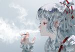  1girl absurdres bow cigarette commentary eyelashes frilled_sleeves frills from_side fujiwara_no_mokou hair_bow half-closed_eye highres holding holding_cigarette long_hair parted_lips portrait red_bow red_eyes shirt sinkoart smoke smoke_trail smoking solo suspenders touhou two-tone_bow untranslatable_commentary white_bow white_hair white_shirt 