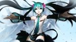  aqua_eyes aqua_hair armpits detached_sleeves hatsune_miku headset highres kriss_sison long_hair looking_at_viewer name_tag necktie open_mouth outstretched_arms skirt smile solo tattoo thighhighs twintails very_long_hair vocaloid zettai_ryouiki 