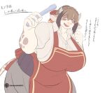 absurd_res anthro apron artist_logo artist_name big_breasts bovid bovine breasts brown_hair cattle clothing dress ears_down female female_anthro hair hi_res holding_object huge_breasts japanese_text logo mammal open_mouth orange_eyes pivoted_ears red_apron red_clothing red_ribbon sasanoha6011 simple_background solo text translation_request white_background