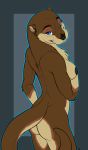  2018 anthro areola black_nose blue_eyes breasts brown_fur butt digital_media_(artwork) female fur hi_res looking_at_viewer mammal mustelid nipples nude otter patrikthedog pinup pose simple_background smile solo standing tan_fur whiskers 