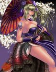  1girl blonde_hair blue_eyes bow breasts cleavage floral_background hair_bow highres large_breasts legs long_hair long_legs looking_at_viewer nail_polish setsuka sideboob solo soul_calibur soulcalibur_iv sword tattoo thick_thighs thighs umbrella watermark weapon xuexue_yue_hua 