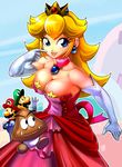  black_hair blonde_hair blue_eyes bokuman breasts crown dress ear_piercing eyebrows facial_hair female gloves goomba grin hair happy hat jewelry luigi male mario mario_bros mustache nintendo pasties piercing princess princess_peach royalty sideburns smile starman teeth video_games 