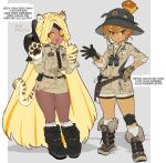  2girls :3 :d @_@ absurdly_long_hair alternate_costume animal_ears animal_hands arrow_(symbol) belt bike_shorts bike_shorts_under_shorts black_belt black_boots black_gloves black_hat black_necktie black_ribbon blonde_hair boonie_hat boots border breasts brown_boots brown_eyes brown_gloves brown_hair brown_jacket brown_pantyhose brown_shorts brown_skirt buttons closed_mouth collared_jacket commentary_request cookie_run cookie_run:_ovenbreak croissant_cookie dark-skinned_female dark_skin denim denim_shorts dog_ears double-parted_bangs dual_persona eyepatch fang flat_chest food-themed_hair full_body gloves goggles goggles_around_neck grey_background grey_socks hair_between_eyes hair_bun hair_intakes hand_on_own_hip hand_up hands_up hat highres humanization jacket kemonomimi_mode key knee_boots knee_brace kneehighs korean_commentary korean_text legs_apart legs_together long_hair long_sleeves looking_at_viewer medium_breasts miniskirt multicolored_gloves multicolored_hair multiple_girls necktie no_eyebrows ohta_guk_hip one_eye_covered open_mouth orange_eyes orange_hair outside_border pantyhose parted_bangs pocket ribbon ribbon_trim shadow shirt short_hair shorts side-by-side simple_background single_hair_bun skirt smile socks standing streaked_hair studded_belt tail tareme thick_eyebrows thick_thighs thighs three-quarter_sleeves tiger_ears tiger_girl tiger_paws tiger_tail timekeeper_cookie translation_request tsurime two-sided_gloves two-tone_gloves two-tone_hair v-shaped_eyebrows very_long_hair white_border white_shirt yellow_tail 