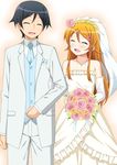  1girl black_hair bouquet brother_and_sister closed_eyes dress elbow_gloves flower formal gloves highres kousaka_kirino kousaka_kyousuke long_hair minamori_noeru necktie orange_hair ore_no_imouto_ga_konna_ni_kawaii_wake_ga_nai siblings spoilers suit wedding_dress 