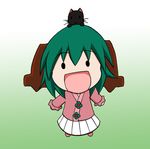  :3 :d animal animal_ears animal_on_head cat cat_on_head chibi gradient gradient_background green_background green_hair kaenbyou_rin kaenbyou_rin_(cat) kasodani_kyouko on_head open_mouth rakugaki-biyori shirt skirt smile solid_circle_eyes solo touhou 