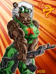  2013 bear blue_eyes clothing davide76 english_text female gun mask muscles muscular_female ranged_weapon rifle solo text vein weapon 