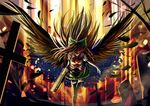  absurdres arm_cannon black_hair black_wings bow cape cross feathers hair_bow highres long_hair pijirion red_eyes reiuji_utsuho solo third_eye touhou weapon wings 