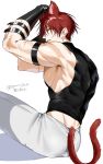  1boy animal_ears arm_strap black_eyes cat_boy cat_ears cat_tail commentary_request fate/grand_order fate_(series) gloves harada_sanosuke_(fate) highres kemonomimi_mode looking_at_viewer male_focus muscular muscular_male n_ma_u open_mouth pants profile red_hair scar scar_on_arm short_hair simple_background sitting sleeveless solo tail white_background 