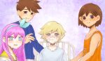  1girl 3boys aubrey_(faraway)_(omori) aubrey_(omori) bandaid bandaid_on_cheek bandaid_on_face bandaid_on_nose basil_(faraway)_(omori) basil_(hospital_gown)_(omori) basil_(omori) bed black_eyes blonde_hair blue_eyes blue_hairband blue_sweater blush bright_pupils brothers brown_hair closed_mouth collarbone commentary_request crying crying_with_eyes_open dark-skinned_male dark_skin double-parted_bangs hair_between_eyes hairband hero_(faraway)_(omori) hero_(omori) highres hospital_bed hospital_gown jacket kel_(faraway)_(omori) kel_(omori) long_hair long_sleeves looking_at_viewer multiple_boys namake_moxon omori open_clothes open_jacket open_mouth parted_lips pink_hair short_hair siblings sidelocks sitting smile spoilers sweater tears white_jacket white_pupils 