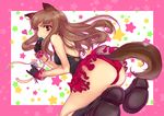  animal_ears ass blush brown_eyes brown_hair dress fernandia_malvezzi flower frills gloves long_hair marie_(bethlehem) panties shoes smile socks solo strike_witches tail underwear world_witches_series 